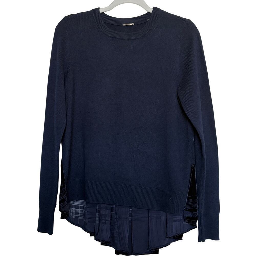 Elie Tahari Navy Knit Lightweight Sweater With Chiffon Hem S darkacademia